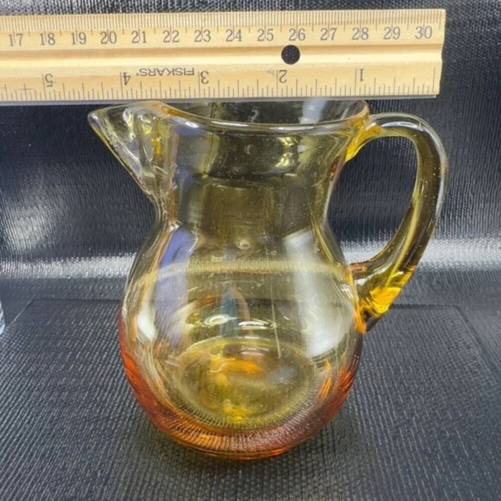 Vintage Hand Blown Amber Gold Pitcher Carafe Jug Hand Made Glassware Pitcher VTG
